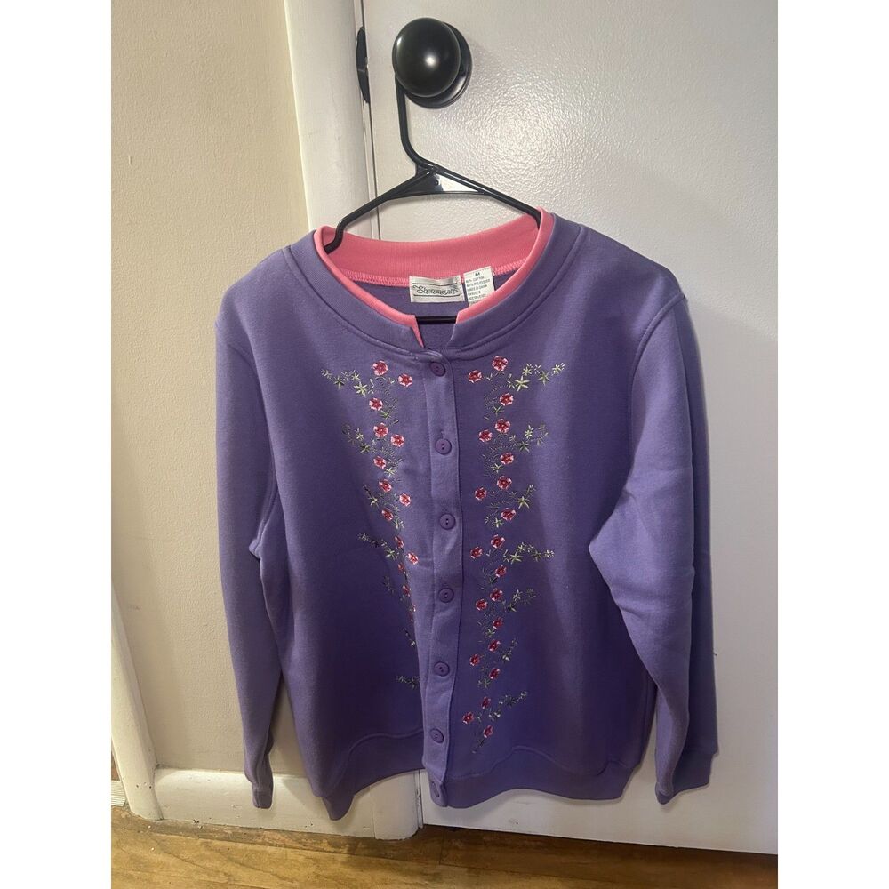 VTG Shenanigans Purple Embroidered Floral Cardigan Sweatshirt Medium Grandmacore